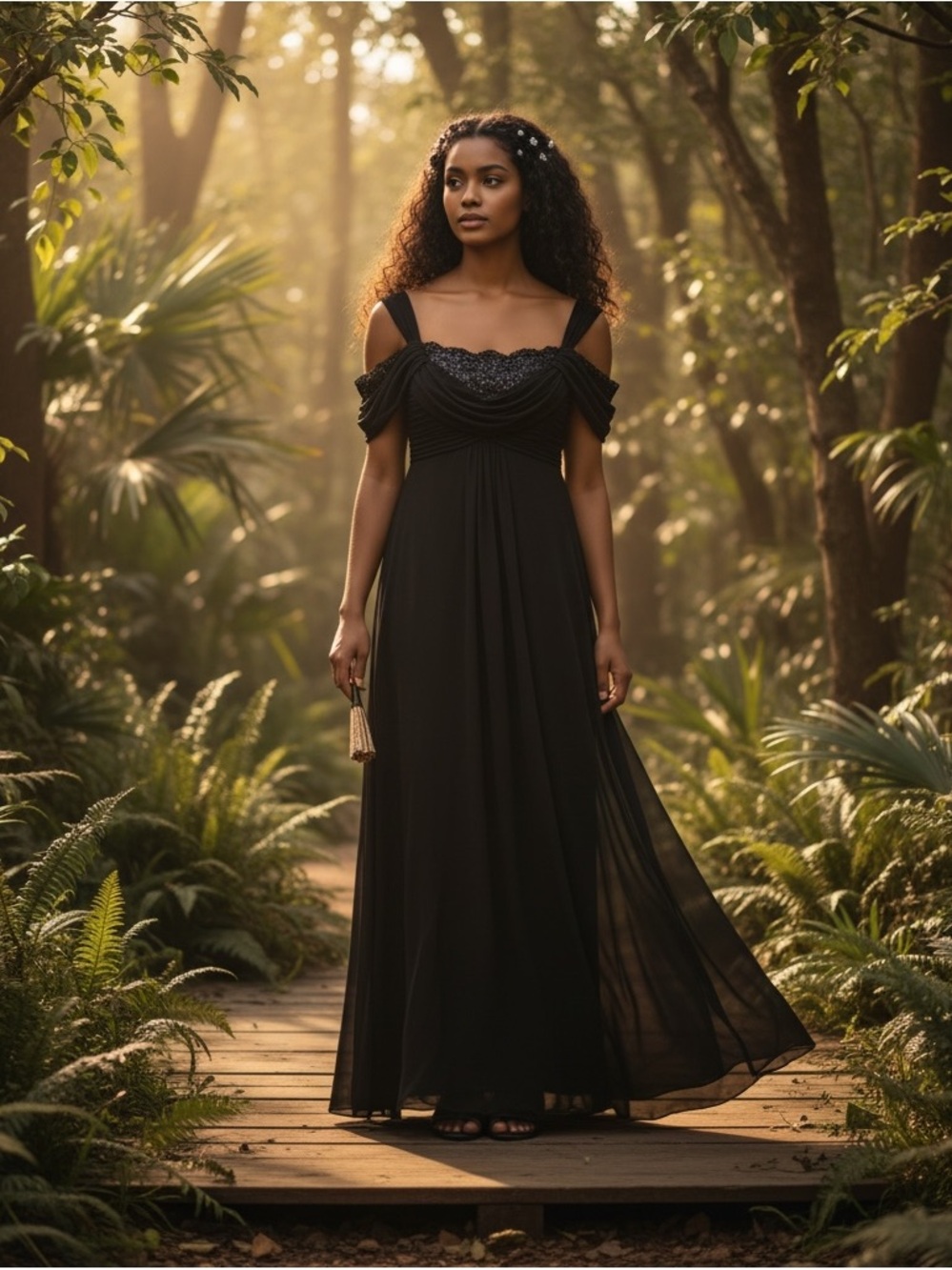 Alex Evenings Elegant Black Empire Waist Lace Draped Chiffon Evening Dress